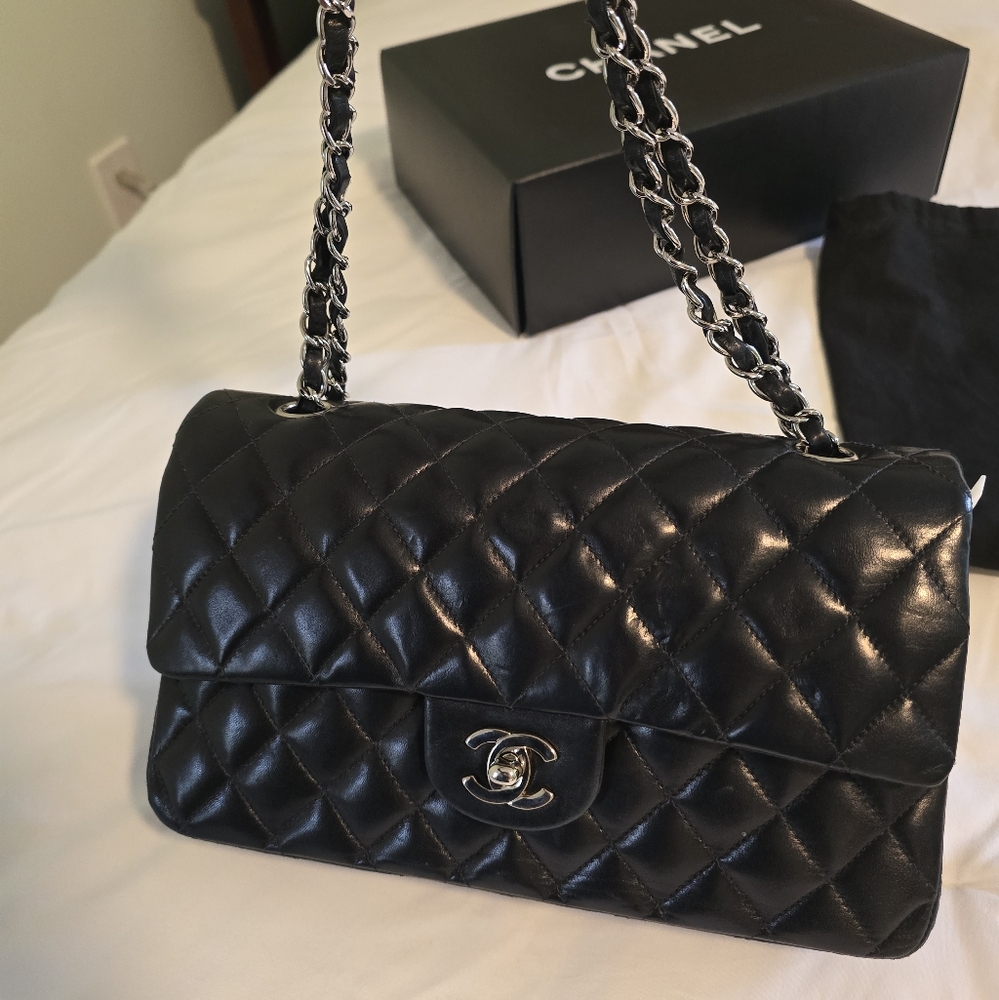 Chanel Classic Quilted Flap Bag Black Lambskin with Silver Hardware